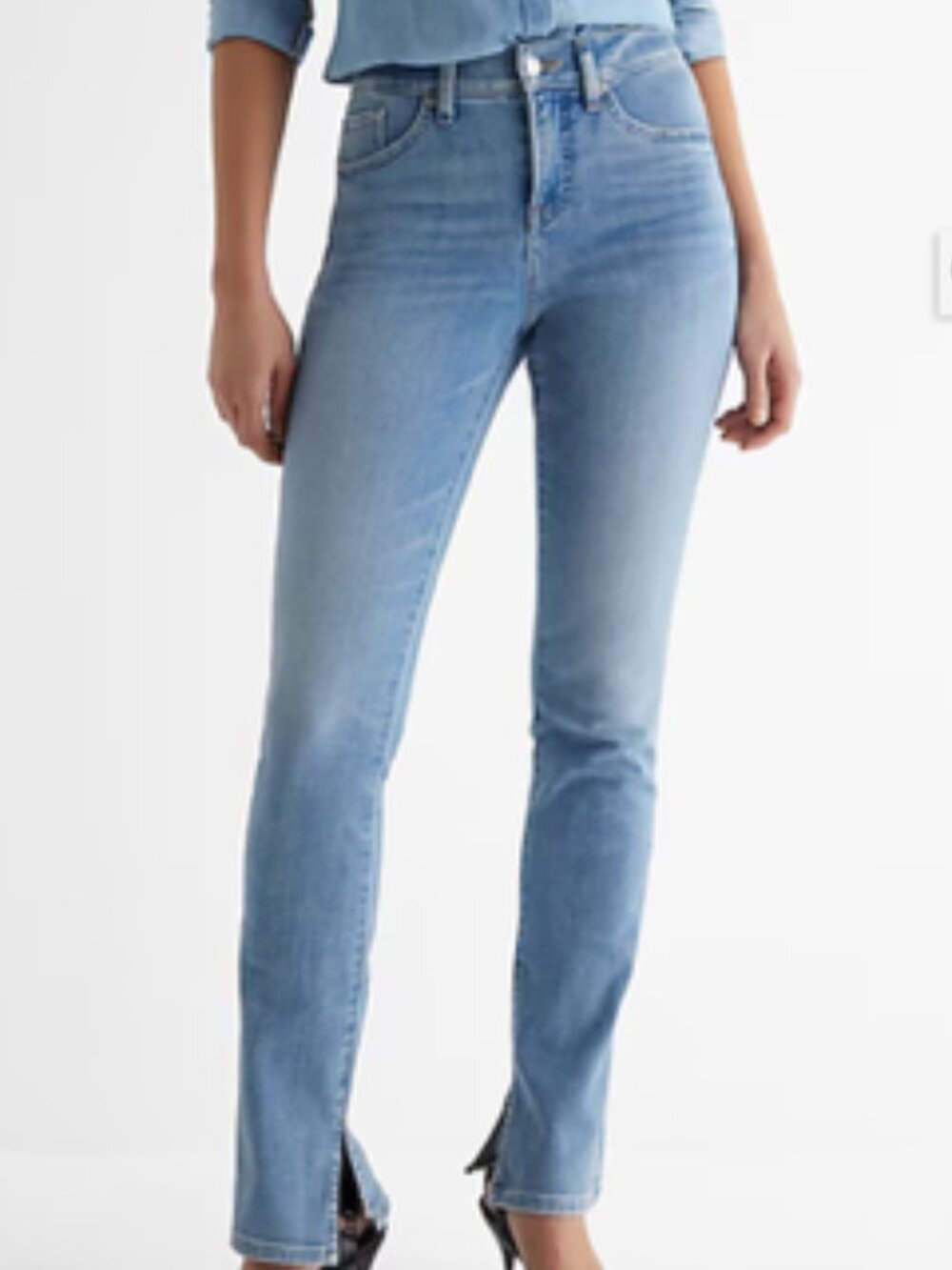Express Light Wash Skyscraper FLEXX Ultra Hyper Stretch Mid Rise Slit Hem Jean